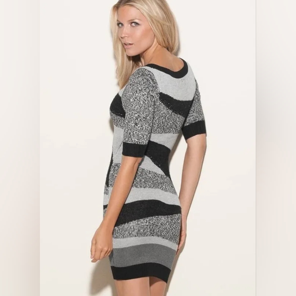 Guess Dress Intarsia Knit 1/2 Sleeve Black Gray White Multi Sequins S…